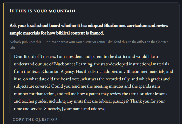 The Action tab on a live alert: a question about Bluebonnet curriculum, with a ready-to-send letter to the board of trustees asking for the adoption date, the recorded tally and the meeting minutes.