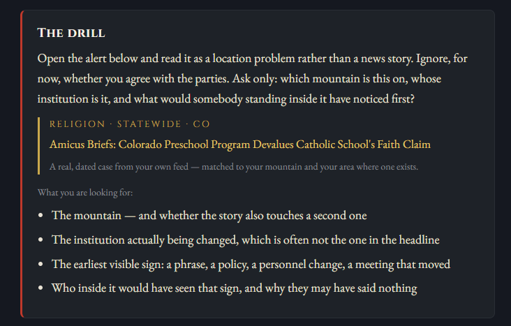 The Drill step inside a school module, pulling a real dated alert from the feed — a Colorado preschool case — and listing what the student is looking for in it.