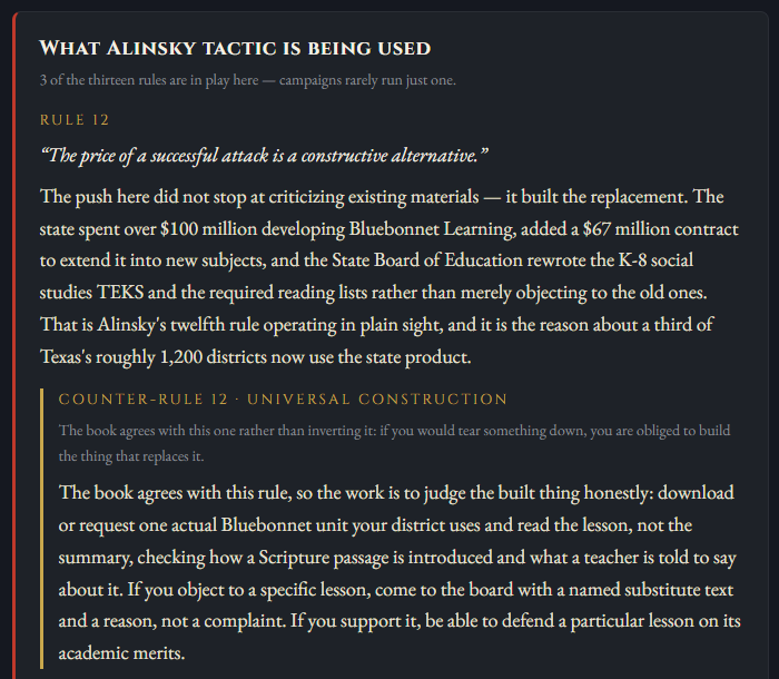 The Tactics tab: Rule 12 identified in a Texas curriculum story, explained against that story's own facts, followed by Counter-Rule 12 giving the specific thing to read and the specific thing to bring to the board.